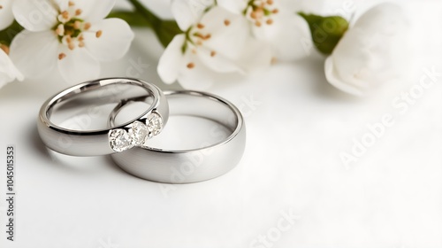 Elegant Wedding Rings on Floral White Background