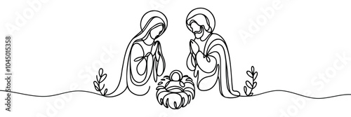 Continuous one line Christmas vector Christian nativity scene of baby Jesus with Mary and Joseph. Bethlehem scene