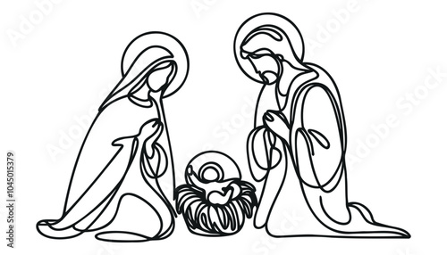 Continuous one line Christmas vector Christian nativity scene of baby Jesus with Mary and Joseph. Bethlehem scene