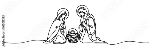 Continuous one line Christmas vector Christian nativity scene of baby Jesus with Mary and Joseph. Bethlehem scene