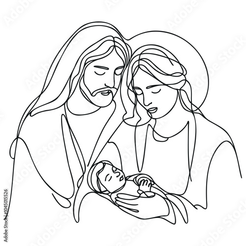 Continuous one line Christmas vector Christian nativity scene of baby Jesus with Mary and Joseph. Bethlehem scene