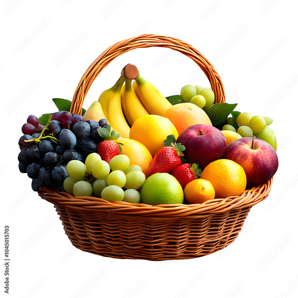 Fresh fruit wicker basket over isolated transparent background