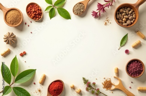 Creative mockup featuring a blank area surrounded by herbal capsules and dried herbs, with a light earthy texture, perfect for thoughtful messages for healthcare workers.