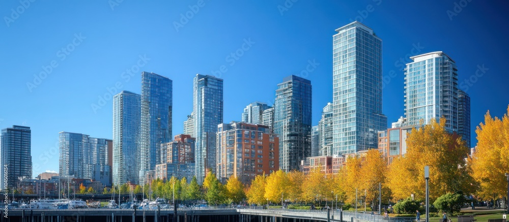 Obraz premium A panoramic view of a modern cityscape with tall skyscrapers and golden autumn trees.