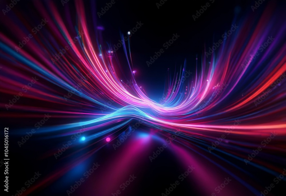 A vibrant, swirling abstract design of blue and pink light streaks against a dark background, resembling a star trail or a futuristic cityscape.
