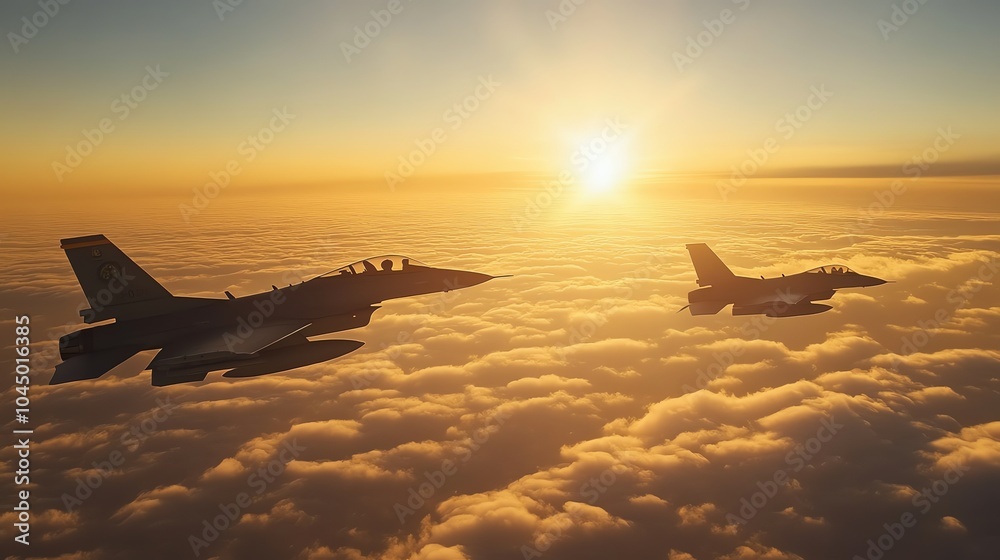 Two fighter jets fly in formation above the clouds at sunset. Two fighter jets fly in formation above the clouds at sunset.