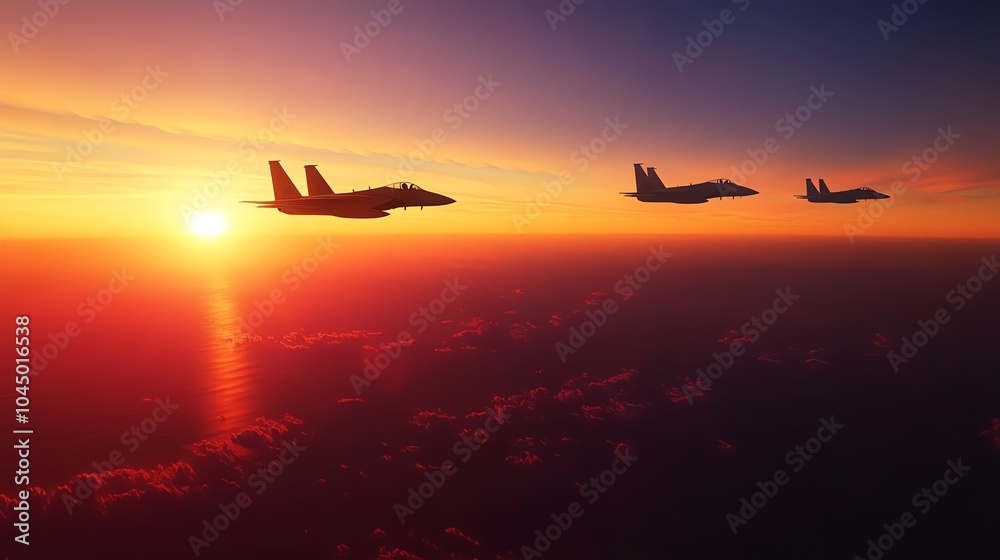 Three fighter jets fly in formation at sunset over a cloudy sky. Three fighter jets fly in formation at sunset over a cloudy sky.