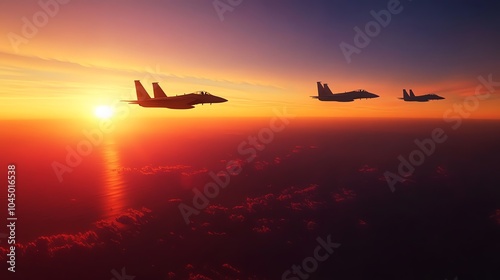 Three fighter jets fly in formation at sunset over a cloudy sky.