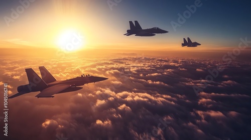 Three military fighter jets fly in formation over the clouds at sunset.