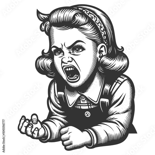 angry young girl with a fierce expression, showcasing classic retro tattoo-style linework sketch engraving generative ai vector illustration. Scratch board imitation. Black and white image.