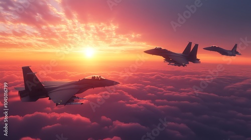 Three fighter jets fly in formation at sunset over a cloudy sky.