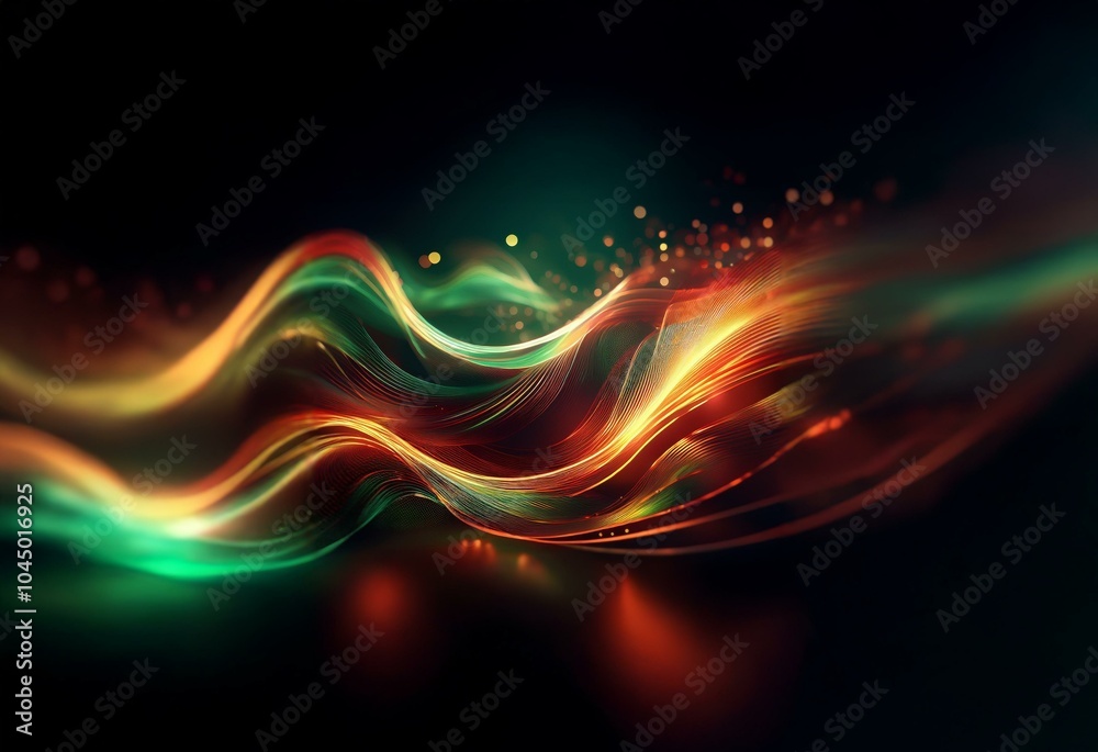 Abstract digital artwork with flowing lines of vibrant green, orange, and red hues on a dark background. Abstract digital artwork with flowing lines of vibrant green, orange, and red hues on a dark background.
