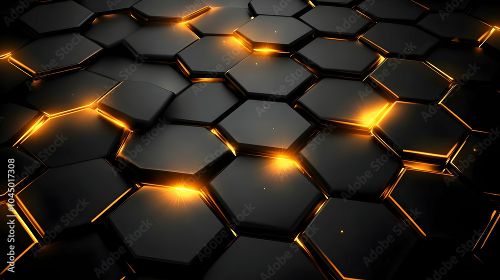 Black Hexagon Pattern with Glowing Edges - 3D Illustration Black Hexagon Pattern with Glowing Edges - 3D Illustration