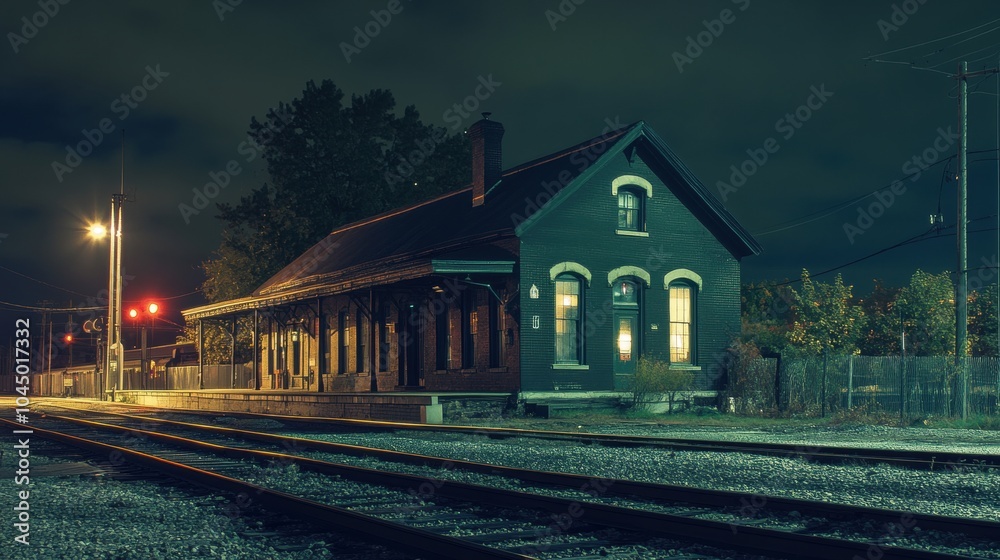 Obraz premium Charming Night Scene at an Old Train Depot