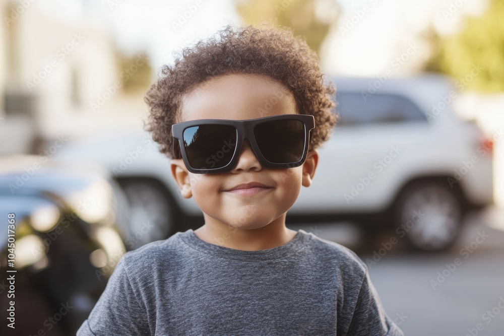 A young child wearing oversized sunglasses smiles confidently in a sunny outdoor setting with parked cars in the background A young child wearing oversized sunglasses smiles confidently in a sunny outdoor setting with parked cars in the background