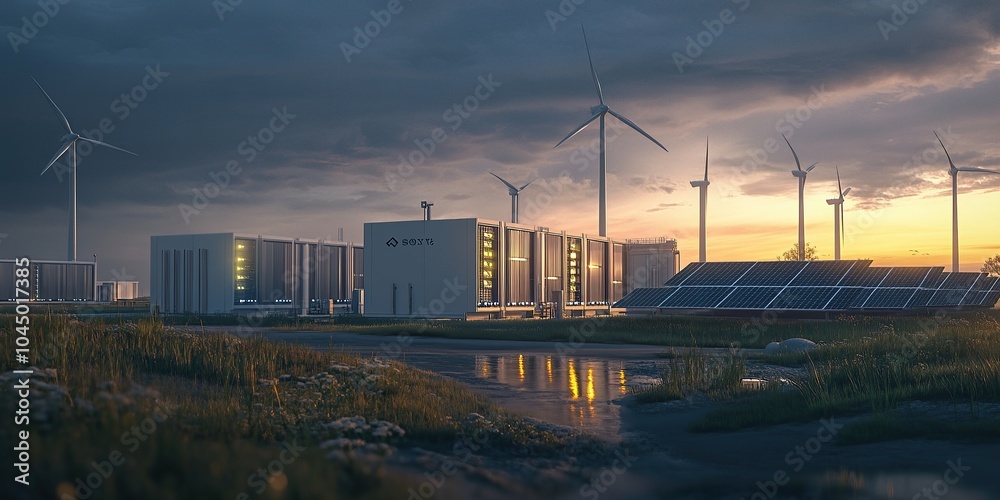 Obraz premium Photorealistic image of a modern battery storage facility with solar panels