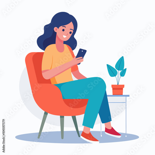 Woman with mobile phone in chair at home texting message vector illustration