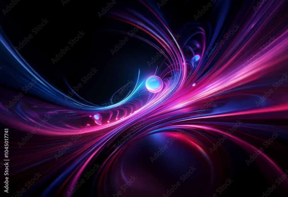 Abstract digital art with swirling, glowing lines and orbs in shades of blue and pink against a black background.