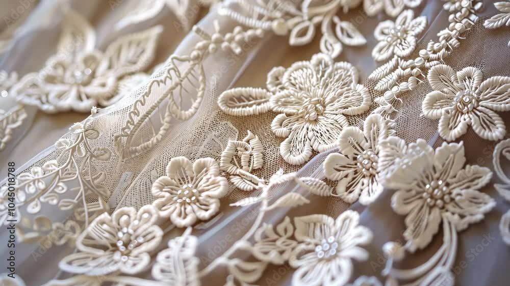 Delicate white lace with intricate floral designs and beaded accents Delicate white lace with intricate floral designs and beaded accents