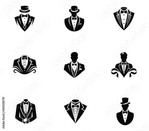 Collection of tuxedo men logo design. Bow tie tuxedo suit gentleman fashion tailor cloth set. Icon set