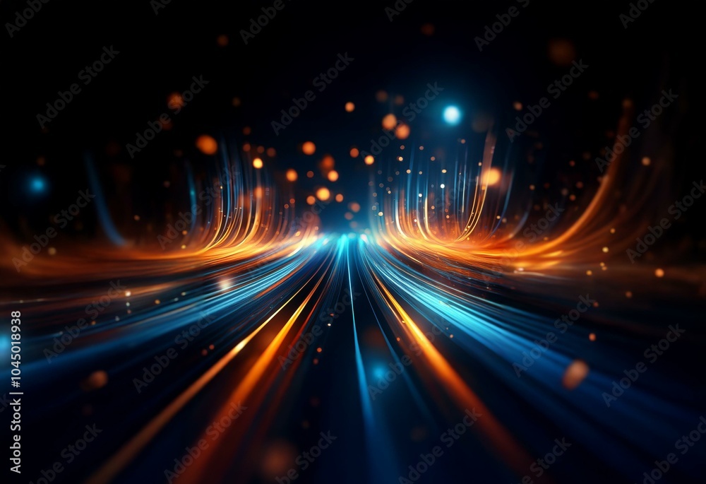Abstract digital art with streaks of orange and blue light, resembling a glowing highway in a dark space. Abstract digital art with streaks of orange and blue light, resembling a glowing highway in a dark space.