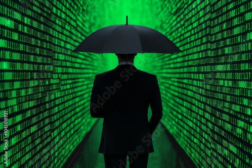 A person with an umbrella amidst green code, representing protection from cyber threats.