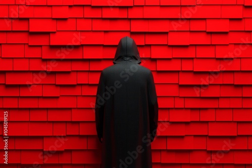 A hooded figure against a red wall, symbolizing anonymity and data protection.