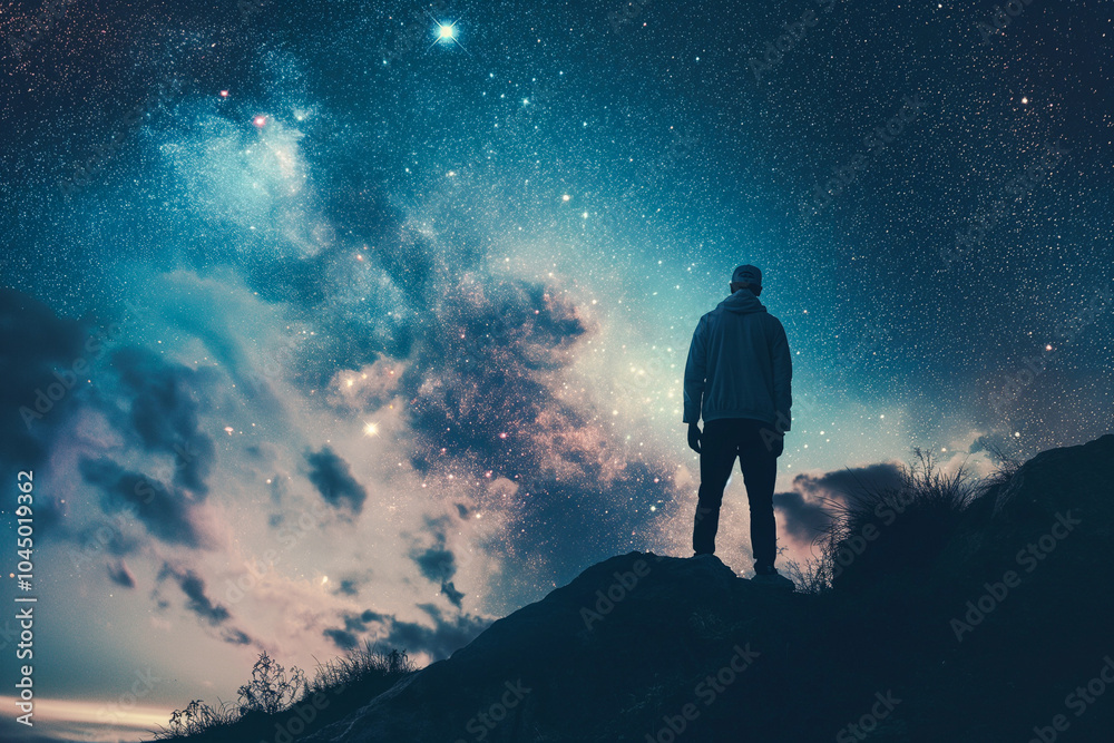 Silhouette of a man standing on the edge of a cliff and looking at the starry sky. Generative AI Silhouette of a man standing on the edge of a cliff and looking at the starry sky. Generative AI