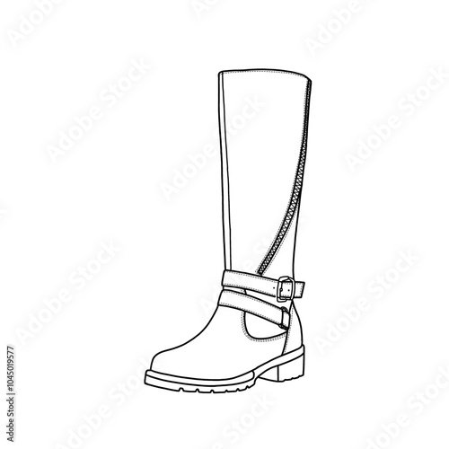 Knee high boots, elastic band casual tall riding boots with buckle line art, Technical sketch hand-drawing outline vector doodle illustration. Isolated on a white background