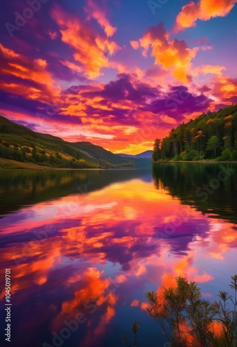 vibrant landscape depicting serene scene colorful reflections calm waters under candid sky, colors, hills, trees, sunset, clouds, beauty, scenery, foliage