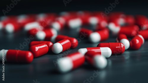 Pill bottles arranged like dominoes, one bottle tipping and about to cause a chain reaction. photo