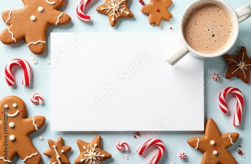 Delightful mockup with a blank card bordered by gingerbread cookies, candy canes, and hot cocoa, set against a festive background for a cheerful holiday greeting.