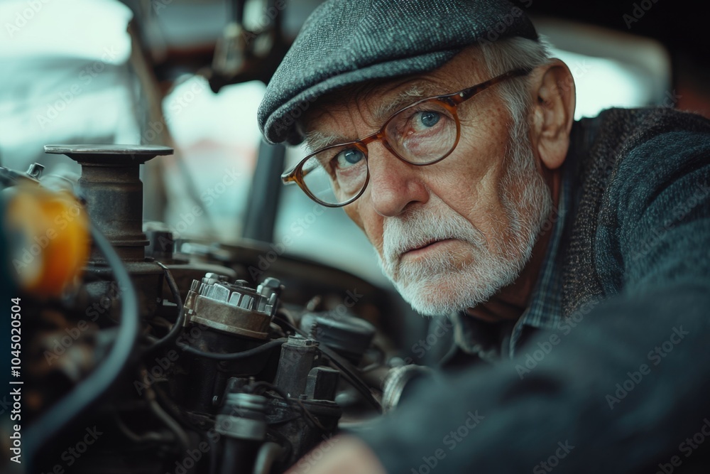 Elderly man tinkering with a car in his garage Elderly man tinkering with a car in his garage