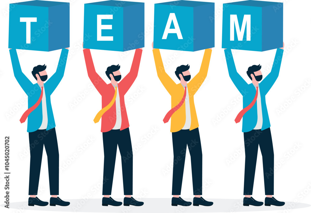 Four merchants push the cube with letters Team together, the concept of teamwork
Four merchants push the cube with letters Team together, the concept of teamwork