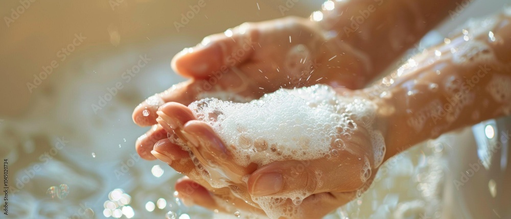 Fototapeta premium A person washing hands under running water, surrounded by soap bubbles. Green-yellow backdrop enhances visual appeal, emphasizing hand hygiene through practicality and aesthetics.