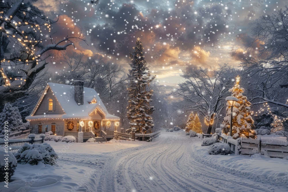 Cozy Snow-covered Cabin with Christmas Lights and Snowfall at Night Cozy Snow-covered Cabin with Christmas Lights and Snowfall at Night