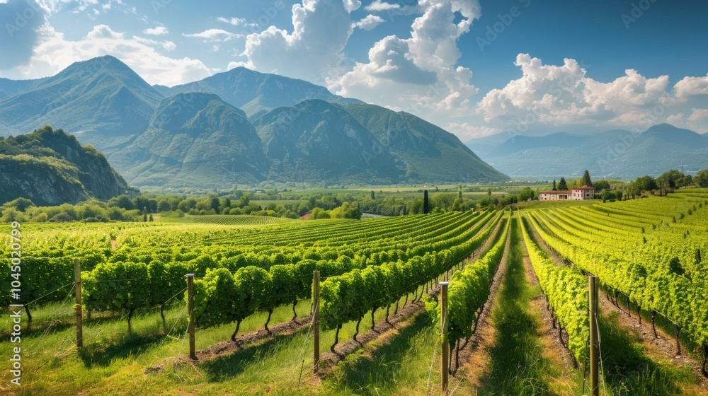Obraz premium Panoramic view of lush vineyard with rows of grapevines, leading to majestic mountains under vibrant blue sky. Simple house adds rural charm.
