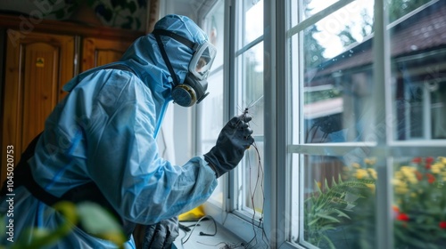 A man in protective gear, holding a tool, stands by a window. His attire implies involvement in a biohazard situation. Caution and preparedness are evident, hinting at safety concerns.
