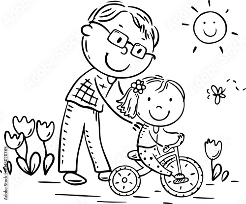 Cartoon outline illustration of father teaching daughter to ride bike. Dad helping girl kid riding bicycle. Parenting, fatherhood concept. Parent actively spends time with child outdoors. Family walk 