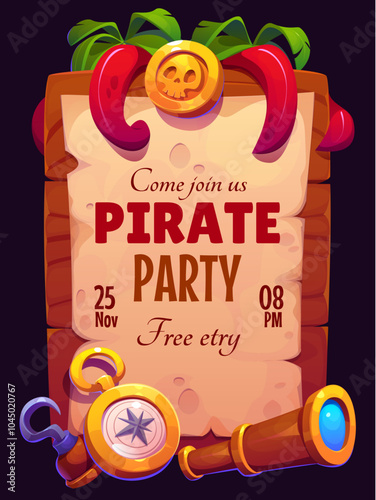 Pirate party flyer for kids entertainment event or theme park, vector cartoon poster. Caribbean pirate party invitation flyer with captain hook and skull on treasure gold, sailor spyglass and compass