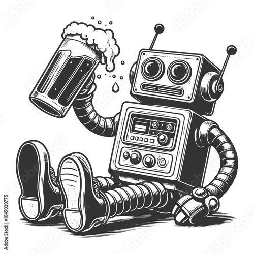 robot with mug of beer, combining vintage robot design with a fun and humorous twist sketch engraving generative ai vector illustration. Scratch board imitation. Black and white image.