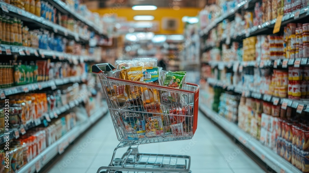 Shopping Cart in a Grocery Store Aisle Shopping Cart in a Grocery Store Aisle