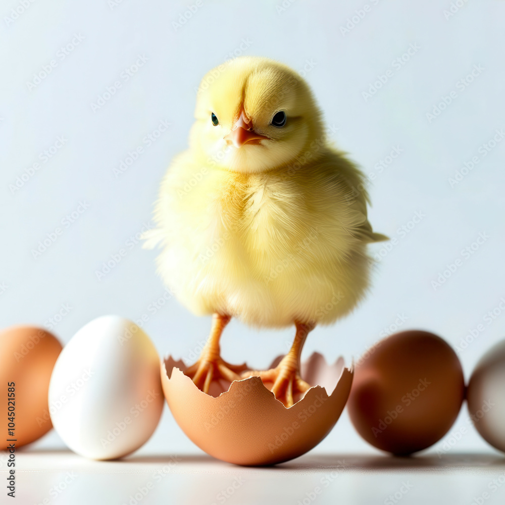 A baby chick is standing on top of an egg A baby chick is standing on top of an egg