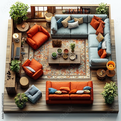 Top view 3D render of eclectic family room with an assortment of colorful furniture and a welldetailed floor plan displayed on a white isolated background emphasizing eclectic style photo