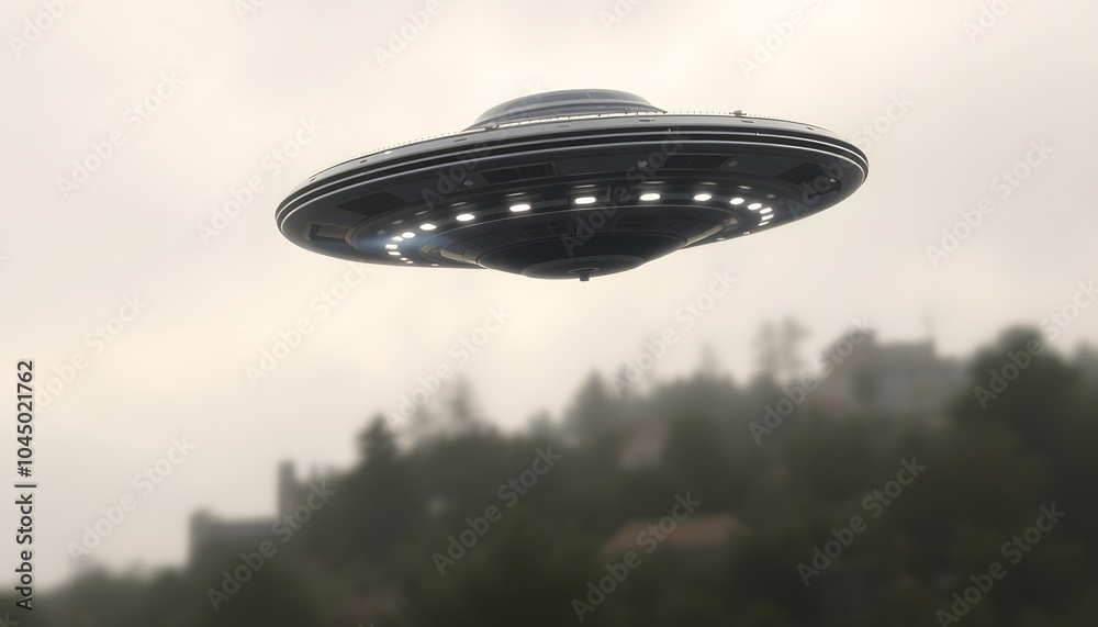 Naklejka premium Blurry grey UFO flying in dull sky with mock up place. Spaceship, invasion, mystery and science concept. 3D Rendering isolated with white highlights, png