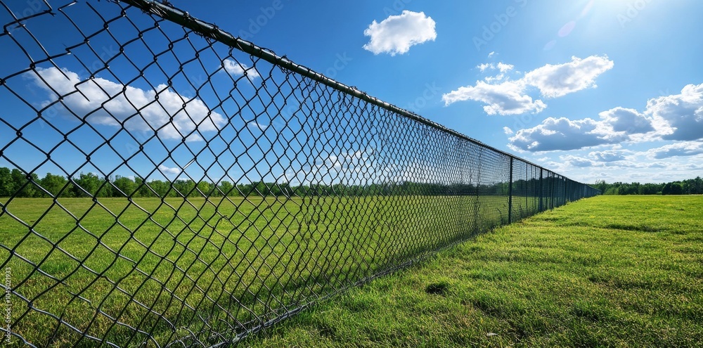 Wide-Angle Photograph of Wire Mesh Fence with Barbed Wires Against Blue Sky Wide-Angle Photograph of Wire Mesh Fence with Barbed Wires Against Blue Sky