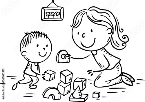 Mother and son playing with building blocks at home. Happy cartoon family activity clipart. Parenting, motherhood concept. Parent actively spends time with child. Black and white vector illustration