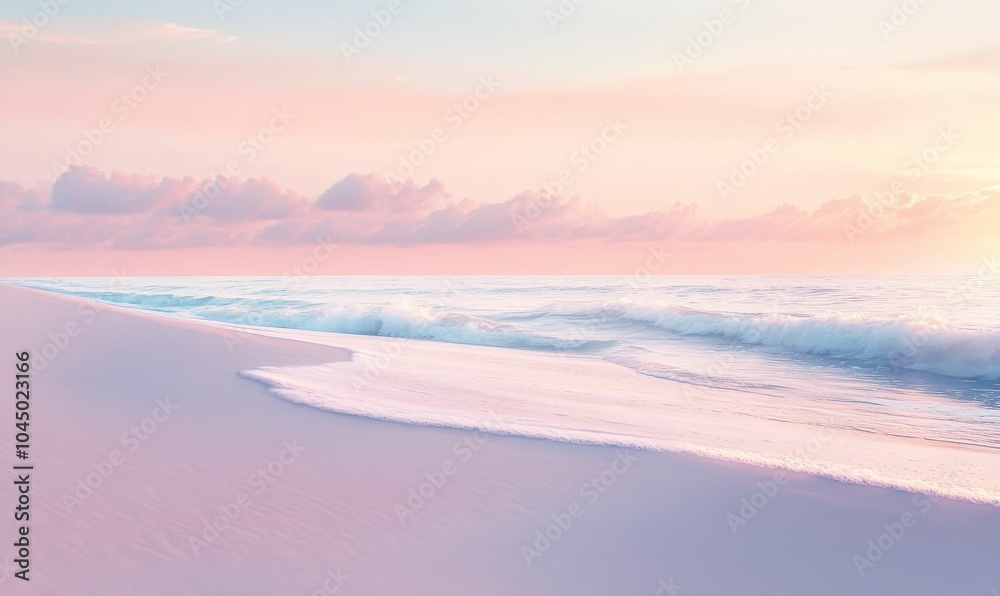 Fototapeta premium Pastel sky, waves breaking on sandy beach.