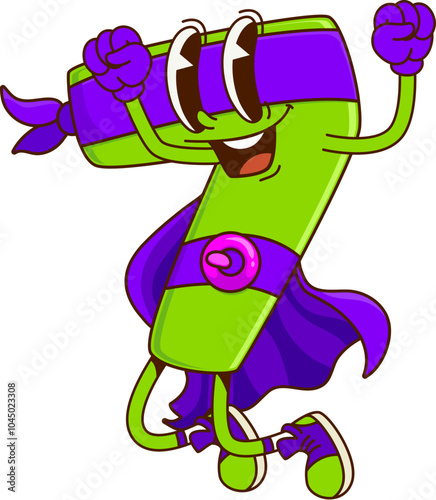Cartoon groovy math number seven superhero character. Isolated vector playful 7 figure wearing iconic defender attire cheerfully jumping. Mathematics numeric super hero personage with cheerful smile