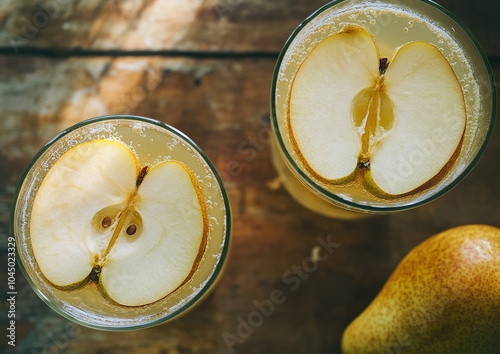 Glass of pear juice with fresh pear slices, captured in high quality, featuring a clean and bright background for an appealing food composition. photo